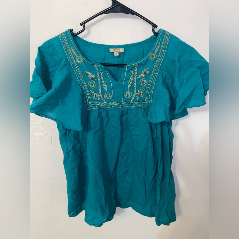 Too Mi Teal Blouse Ruffle Sleeve Stitch Detail Size Small
